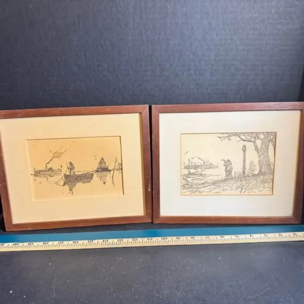 Pair of Vintage Nautical Ink Etchings in Wood Frames [Art 444]